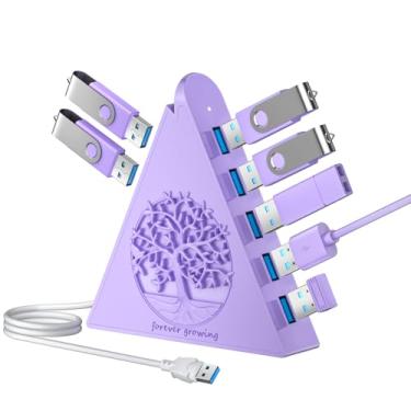 Imagem de JoyReken Hub USB 3.0 de 7 portas, divisor USB vertical roxo claro com luzes RGB inspiradas em árvores, transferência de alta velocidade de 5 Gbps, cabo de 6 m, compatível com MacBook, PC, pen drive