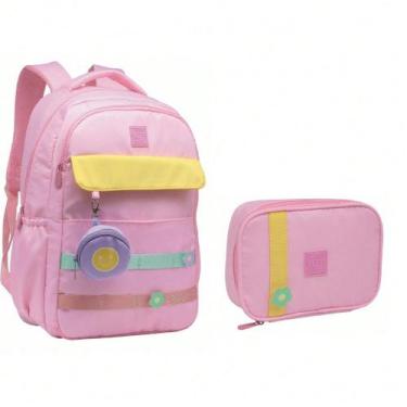 Imagem de Kit Mochila Feminina Juvenil Escolar Com Estojo E Chaveiro Abertura 18
