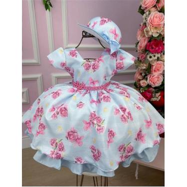 Imagem de Vestido Miss Cherry Chapeu Azul Bebe Flores e Borboletas com Laço, 1