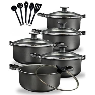 Imagem de Jogo Conjunto Panelas Caçarolas 10 peças Antiaderente Teflon Tampa de Vidro e Utensílios Nylon (Grafite)