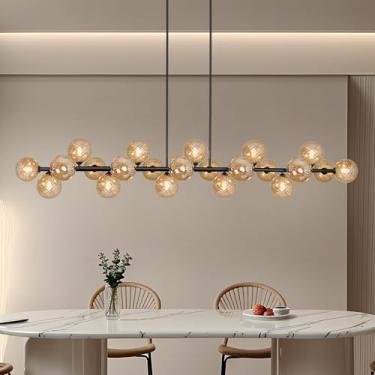Imagem de Lzawvm Lustre Linear Moderno Para Sala De Jantar, Lustre Linear De 70 Polegadas, Lustre Sputnik Moderno De 22 Lâmpadas Com Globo De Vidro Listrado Âmbar, Luminária Pendente Grande De Ilha Para Cozi