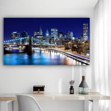 Imagem de Arte de parede em tela rústica da ponte noturna do horizonte da cidade - Pôster sem moldura de 30,5 x 61 cm - Decoração de casa e escritório para sala de estar, quarto, cozinha e café