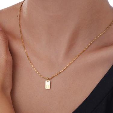 Imagem de Pingente retangular com iniciais A-Z, joia de aço inoxidável personalizada, corrente ajustável simples, design elegante, adequado para mulheres, F, Aço inoxidável, Sem Pedra Preciosa