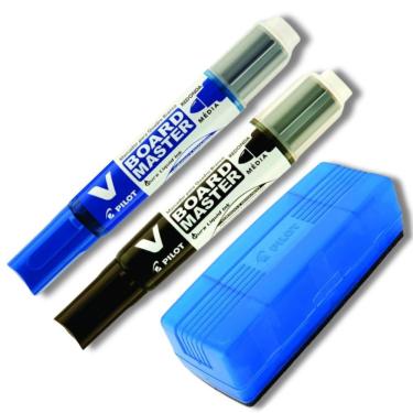 Imagem de Kit 2 Marcadores Quadro Branco Recarregável + Apagador De Quadro Branco Pilot Azul E Preto