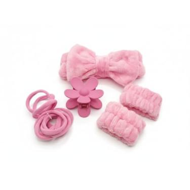 Imagem de Kit de Acessórios para Beleza, Conjunto com Tiara de Laço Preta Aveludada, Pulseiras Absorventes, Piranha Floral e Elásticos para Cabelo, para Skincare e Maquiagem (Rosa)