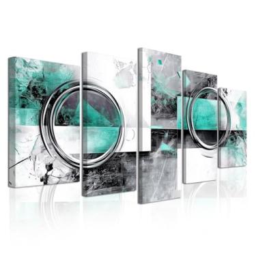 Imagem de CXHOSTENT Arte de parede abstrata azul-petróleo 5 peças verde-azulado cinza e preto impressão de imagem azul turquesa grande arte para sala de estar quarto Decir emoldurado (escuro, 20 x 35 x 5 cm x 5