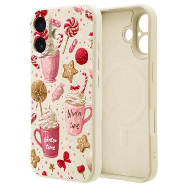 Imagem de OFQKOAKS Capa para iPhone 16 compatível com MagSafe, linda capa de telefone com copo de pirulito rosa de Natal, capa protetora de silicone líquido branco macio para mulheres e meninas
