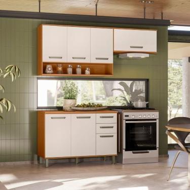 Imagem de Cozinha Modulada Completa 3 Peças 7 Portas 2 Gavetas Com Balcão Tampo Criare Freijó-off White Acetinado