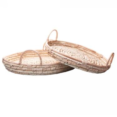 Imagem de Conjunto 2 Bandejas Redondas Decorativas De Fibra Natural E Alça Em Rattan Braid Lyor