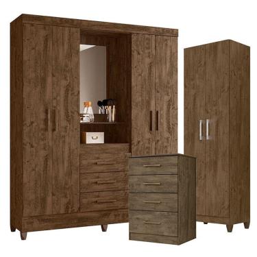 Imagem de Guarda Roupa Casal Capelinha Capri Com Cômoda Ms913 E Armário Multiuso New íris Castanho Wood - Moval