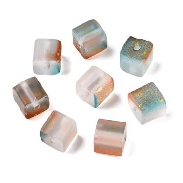 Imagem de 50 peças de contas de vidro cubo de 8 x 8 x 8 mm fosco quadrado cristal espaçador contas com pó de glitter dourado para fazer joias, brincos faça você mesmo, pulseiras, colares, turquesa média