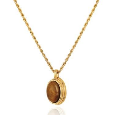 Imagem de Dckazz Colar de olho de tigre para mulheres, colar de pedra marrom, banhado a ouro 14K, grosso, oval, pingente de pedra natural, aço inoxidável