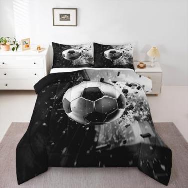 Imagem de Feelyou Jogo de cama casal com tema esportivo de futebol 3D, para crianças, meninos, meninas, preto, prata, edredom de microfibra, 3 peças com 2 fronhas