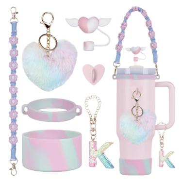 Imagem de Rabrgab Conjunto de 7 peças de acessórios para copo Stanley com alça, decoração de copo feminino para meninas para 1,134 g, 850 g, 590 g, incluindo topo de palha de coração, pingentes de coração, bota