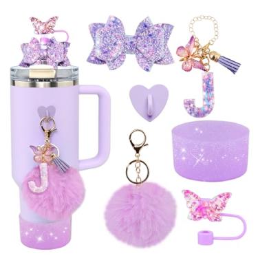 Imagem de Conjunto de 6 peças de acessórios de copo Stanley roxo - tampa de cobertura de palha de borboleta, laço brilhante para canudo, bota de silicone brilhante, pingente de letra e pompom para copos satnley