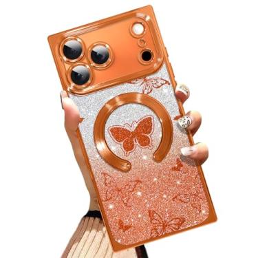 Imagem de AIGOMARA Capa de telefone para iPhone 17 Pro Max de 6,9 polegadas [compatível com MagSafe] Design de borboleta laranja com glitter, capa de telefone à prova de choque resistente a arranhões TPU macio