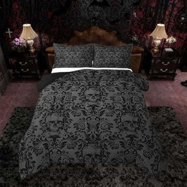 Imagem de Feelyou Conjunto de edredom gótico para adultos, Queen, verde-oliva escuro, damasco, crânio, boêmio, gótico, vintage, vitoriano, barroco, floral, 3 peças