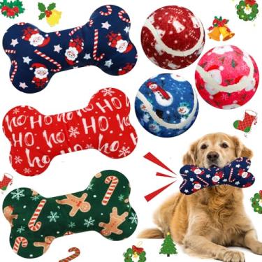 Imagem de Vertintong 6 peças de brinquedos de Natal para cachorros, bolas de tênis e ossos barulhentos, brinquedo interativo para animais de estimação pequenos, médios e grandes, brinquedo de pelúcia para
