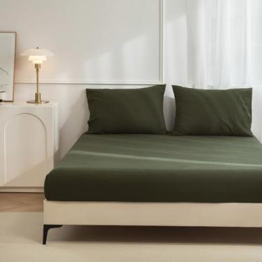 Imagem de JIYUAN Jogo de lençol Queen 100% algodão lavado, confortável, macio e respirável, lençol com elástico profundo (serve em colchões de até 43 cm) + 2 capas, verde-oliva