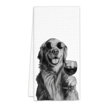 Imagem de Presentes Flicy Golden Retriever Toalhas de cozinha de vinho, presentes para cães Golden Retriever, amantes de vinho, toalha de prato decorativa para cozinha, casa, bar, donos de cães GoldenRetriever