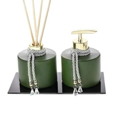 Imagem de Kit Lavabo Luxo Verde com Bandeja Preta em Vidro – 2 Frascos 250ml, Sabonete Líquido e Aromatizador, Decoração Elegante para Banheiro(Prata,Com Bandeja)