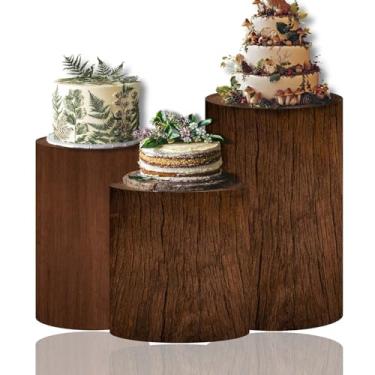Imagem de Conjunto de capa de pedestal de cilindro de tronco de árvore de madeira – 3 tamanhos de decorações de festa rústicas para tema da floresta, casamento em casa de fazenda, aniversário, chá de bebê