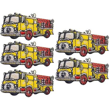 Imagem de Papapatch Conjunto de 5 pequenos pequenos pequenos adesivos de resgate de caminhão de bombeiros de carro de bombeiros decorativos para reparo de roupas camisetas bolsas aplique ferro costurado em
