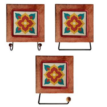 Imagem de Kit de Banheiro Artesanal com Ladrilho Hidráulico 3 Peças em Madeira M