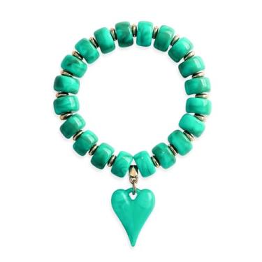 Imagem de YUJIE Pulseira de contas turquesa ocidental com pingente de coração, pulseira feminina boho feita à mão com contas de acrílico stretch country cowgirl para presente de joias Vinatge