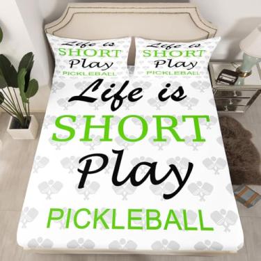 Imagem de Jogo de lençol casal Pickleball com elástico 3 peças, morcegos de pickleball grafite branco (sem lençol de cima), moderno, tênis americano, com bolso profundo para crianças