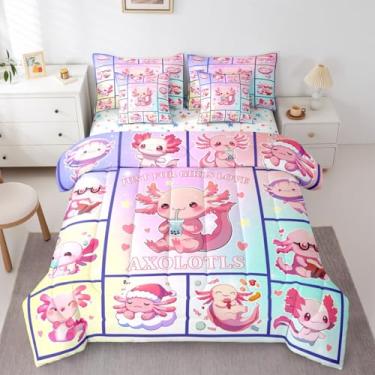 Imagem de Jogo de cama casal e edredom com estampa de axolote para animais de estimação, adorável salamandra marinha, 7 peças, kawaii, gradiente, colorido, salamandra, chá, leite, peixe, criatura, decoração de