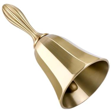 Imagem de GORGECRAFT Sino de jantar dourado alto de liga sólida com alça de metal 9,9 x 4,8 cm pequeno anel de mão para idosos em casa, casamento, sala de aula, meditação, treinamento de animais