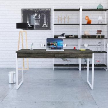 Imagem de Mesa Diretor 150x60x75cm Com 2 Gavetas Kuadra Carvalho Dark Estrutura Branca