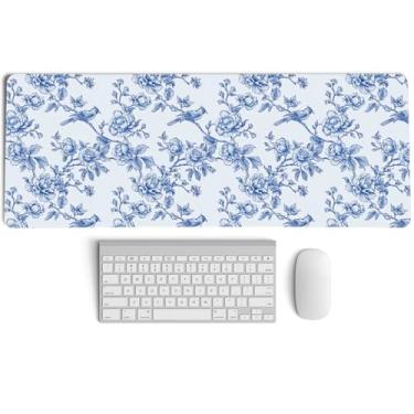 Imagem de PaJiaNi Tapete de mouse chinês azul marinho, tapete de mesa floral vintage azul e branco, GG, flores grandes e pássaros, tapete de mouse para laptop feminino para dormitório, escritório em casa, 70 x