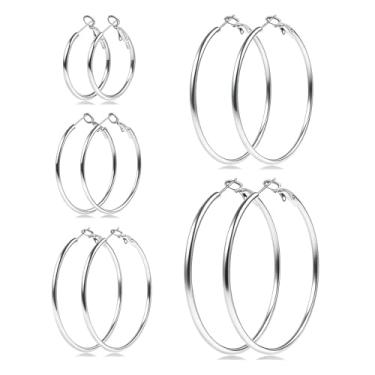 Imagem de 5 pares de brincos de argola de ouro e prata para mulheres, banhado a ouro 14 K, brincos de argola fina, de aço inoxidável, leve, hipoalergênico, 30/40/50/60/70 mm, Middle, Aço inoxidável, Sem pedra