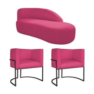 Imagem de Kit Divã Luna 185cm Lado Direito E 02 Poltronas Base De Ferro Preto Suede Pink