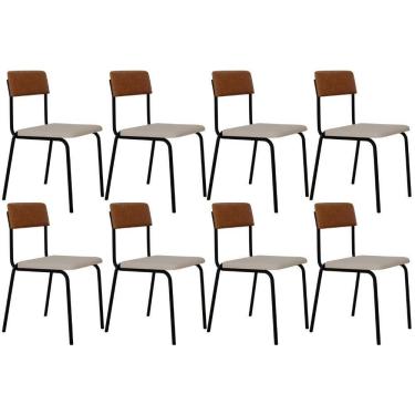 Imagem de Kit 08 Cadeiras Estofada Para Sala De Jantar Sense Preto C01 Linho Palha Courino Caramelo - Lyam Decor