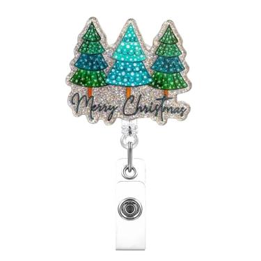 Imagem de Porta-crachá de Feliz Natal com clipe jacaré retrátil festivo árvore de Natal decoração crachá bobinas essenciais para escola de enfermagem RN LPN CNA MA Badge Buddy para Natal