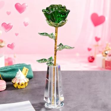 Imagem de HTBIG Presentes de dia dos namorados, presente de rosa verde para ela, escultura em vaso de cristal K9, flor eterna de vidro de cristal 3D, para mulheres em aniversário, casamento, aniversário, dia