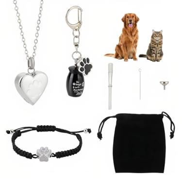 Imagem de NICENEEDED 3 peças de joias de cremação de animais de estimação para cinzas, chaveiro de urnas de cachorro, colar de urna de coração de gato, pulseira com estampa de pata para amante de animais