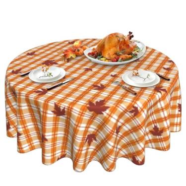 Imagem de Oaxscug Toalha de mesa redonda de outono xadrez laranja de 152 cm com folhas de bordo para decoração de mesa de jantar em casa e festa de Ação de Graças
