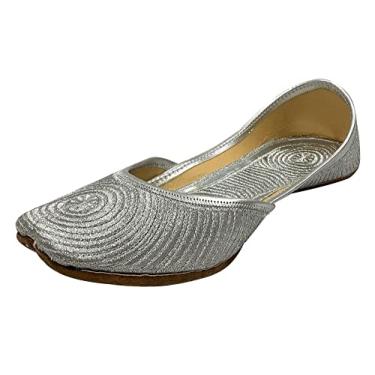 Imagem de Stop n Style Tênis feminino prata Zari Work Mojari Punjabi Jutti feito à mão Khussa Bridal Silver Jutti, Prata, 35