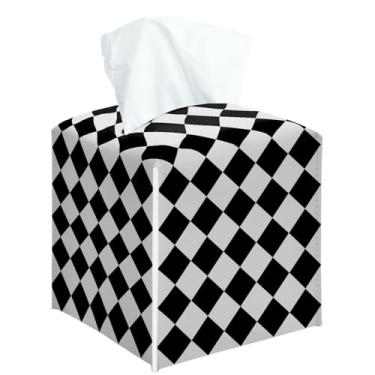 Imagem de Capa quadrada de caixa de lenços xadrez preto e branco, suporte de caixa de lenços decorativa para quarto, banheiro, cozinha, escritório, bancada, organizador de papel facial de couro -09