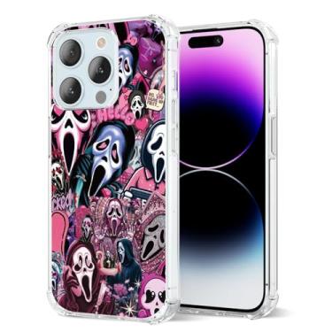 Imagem de Molecpulse Capa de telefone transparente com personagem de filme de terror rosa para iPhone 16 Pro Max, assustadora - Colagem chique para Halloween e estilo ousado