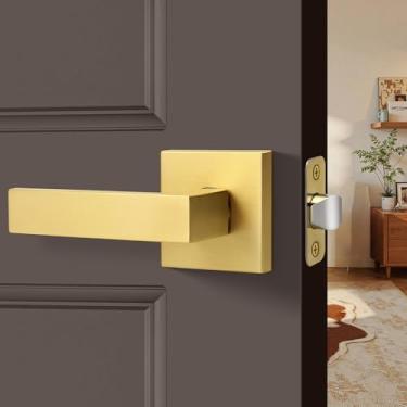 Imagem de LOQRON Maçaneta de porta de passagem resistente dourada escovada sem trava, maçaneta de porta interior de design quadrado sem trava, alça reversível para fechadura de porta de corredor e armário