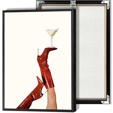 Imagem de Martini Glass Red High Heeled Boot Canvas Wall Art Bold – Forward Collage Style Posters Cocktail Minimalistas Estampas para Cozinha Sala de Estar Dormitório Decoração de Parede 30 x 40 cm Sem Moldura