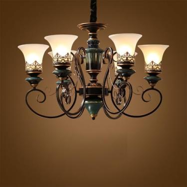 Imagem de Lustre de luxo europeu para sala de estar, estilo retrô americano, em cerâmica, para restaurante, quarto, escritório, hotel, casa de campo ou café, com luminária pendente de LED (6 lâmpadas)