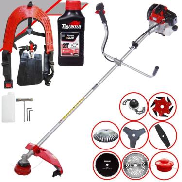 Imagem de Roçadeira Toyama RT43L 43cc Com Carretel + Facas 2 Pontas, 3 Pontas, 6 Pontas, 40 Dentes de Vídea, 80 Dentes, Trimmer e Escova de Aço + ÓLEO TOYAMA