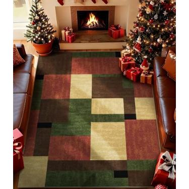 Imagem de YIHOUSE Tapete vermelho e verde 15 x 23 cm para sala de estar, tapetes de fazenda bordô lavável, tapete vintage laranja queimado antiderrapante, tapete geométrico boho para cozinha, sala de jantar