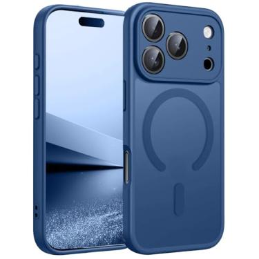 Imagem de SFDSUH Capa protetora magnética fosca translúcida para iPhone 15 Pro Max com carregador sem fio (Para iPhone 15 Pro Max/Azul)